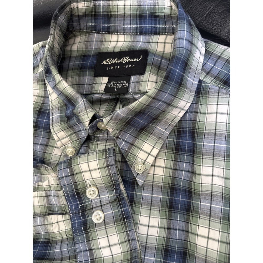 Eddie Bauer Mens Large Blue/Green Plaid Long Sleeve Button Up Shirt Cotton - Picture 1 of 5